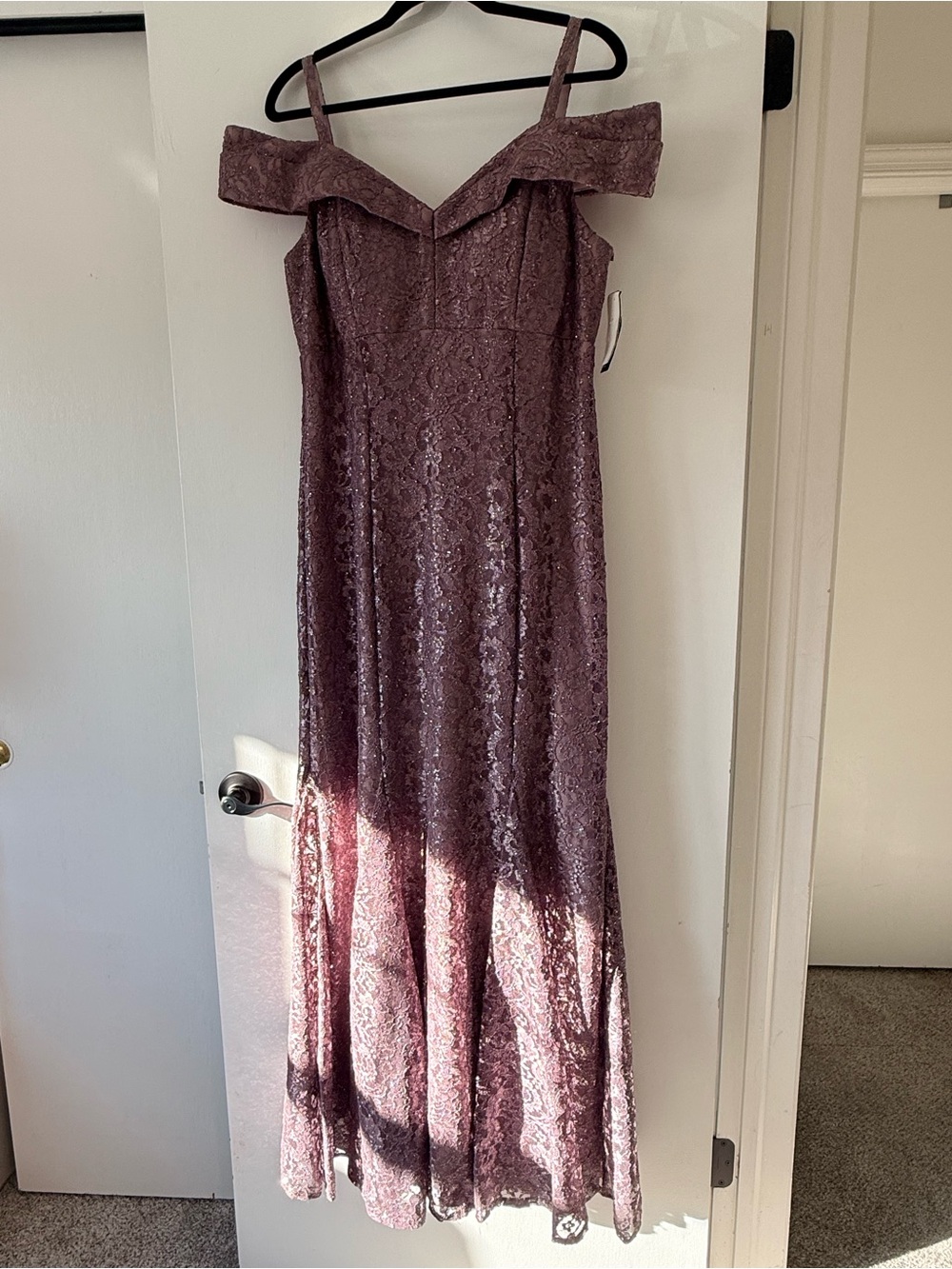 R&M Richards Off-Shoulder Lace Maxi Dress in Mauve
